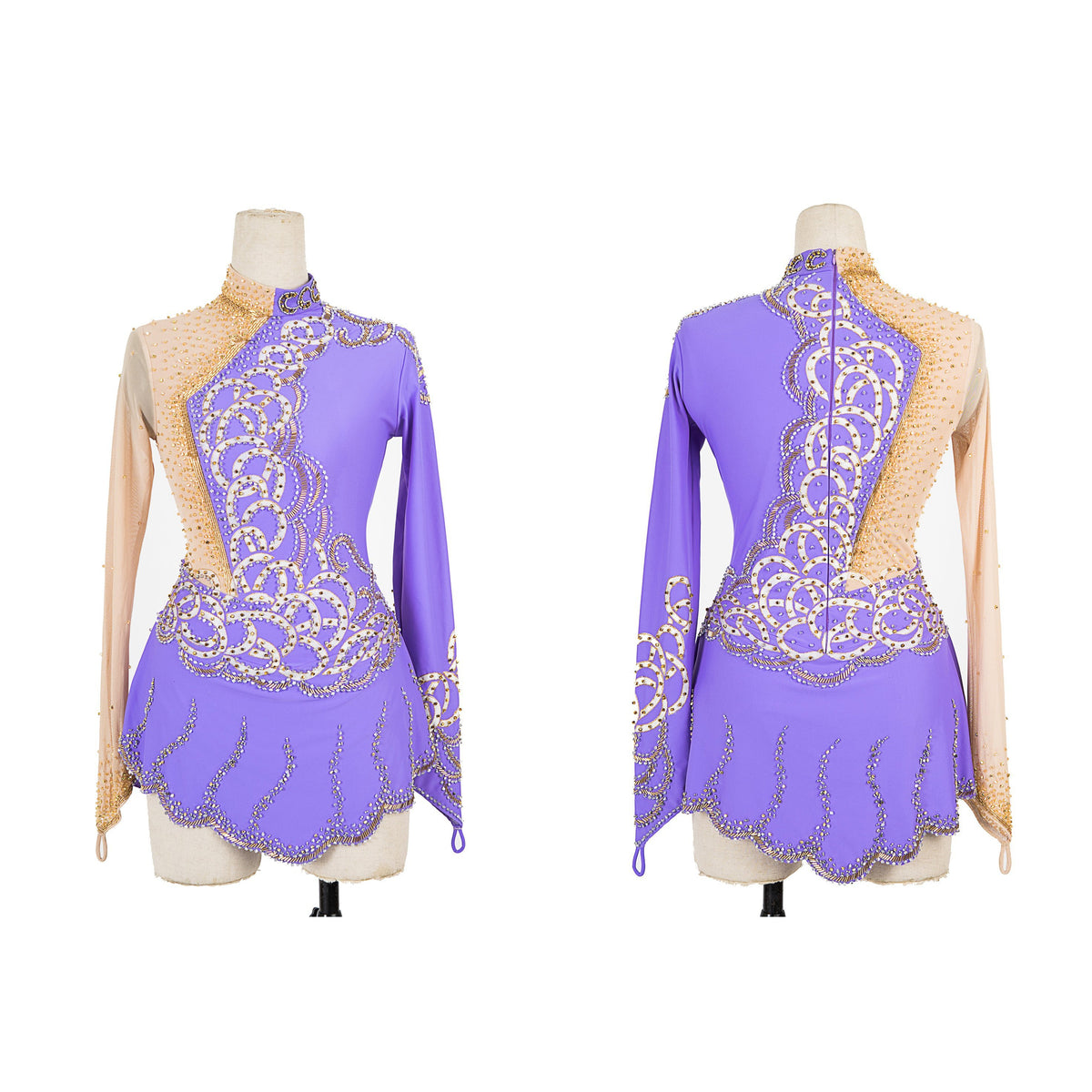 Competition Figure Skating Dress Lilac and Gold Sleeve Hand