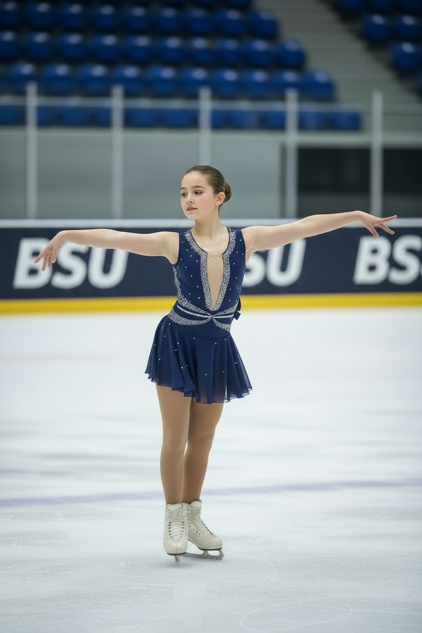 Boutique Step Up Figure Skating Dress in Navy Blue Color with Rhinesto