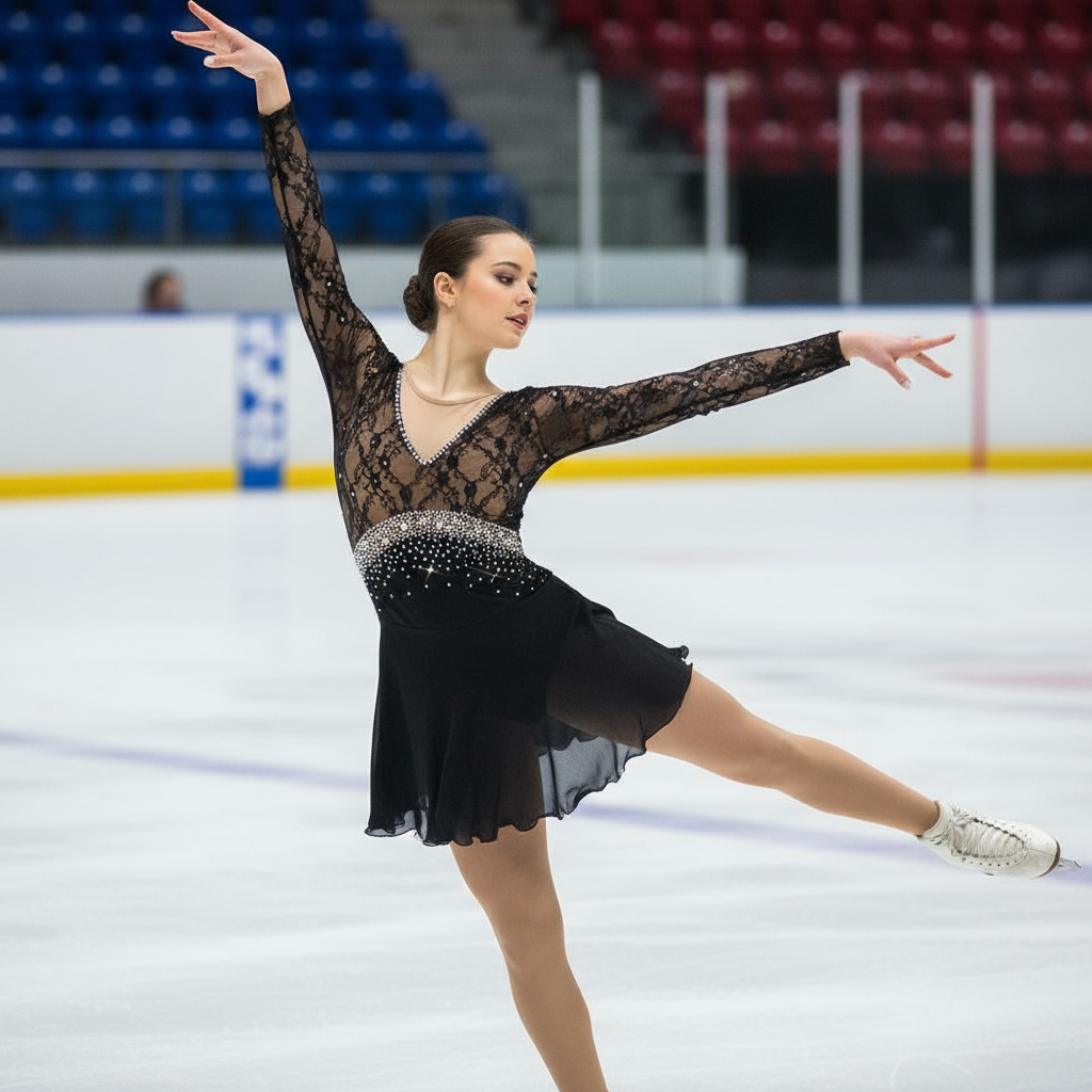 Figure Skating Dresses Rhinestones Black Empire Waist Sleeves Option BSU002 Figure Skating Dresses Rhinestones Black Empire Waist Sleeves Option BSU002