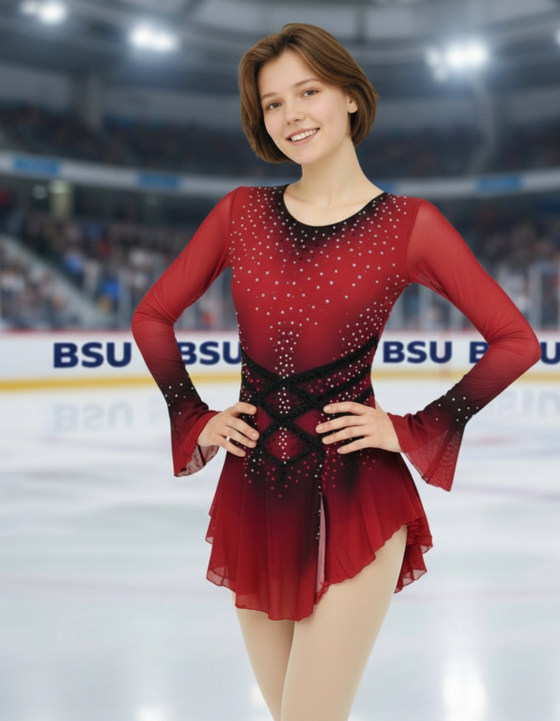 Dance Dress Ice Skating Dress Red Competition Skating Dress Red To Black  Ombre BSU190824 Adult