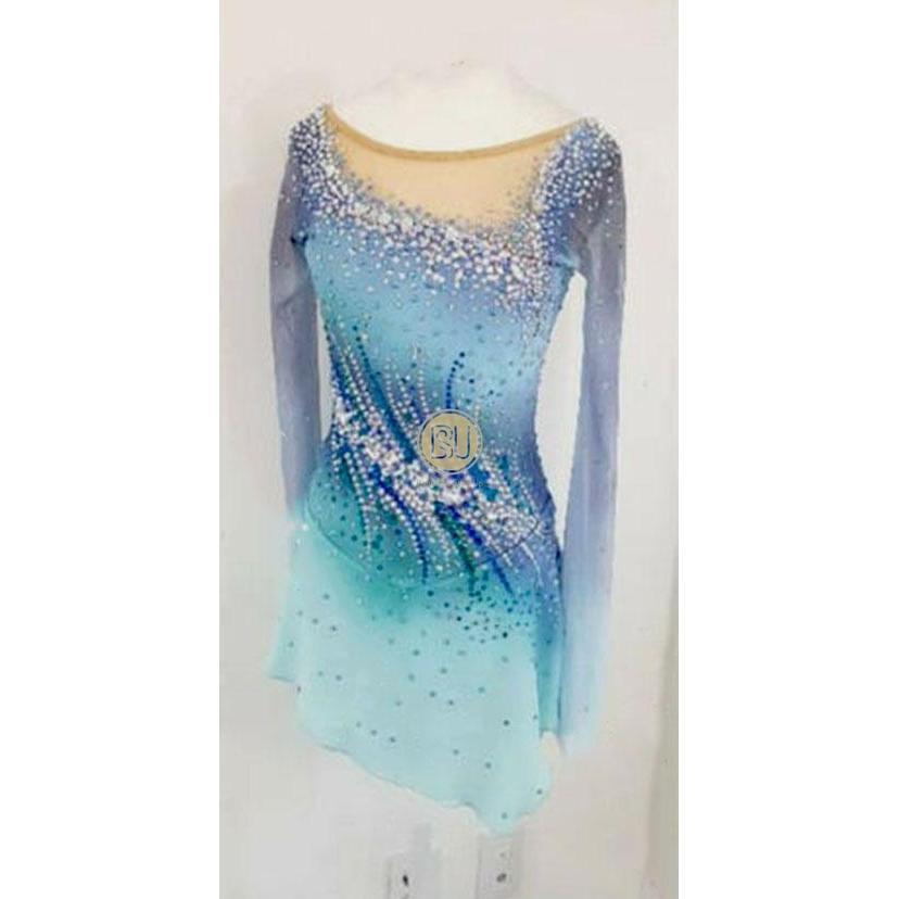 Blue Ombre Competition Figure Skating Dress Mesh Sleeves Blue Ombre Competition Figure Skating Dress Mesh Sleeves
