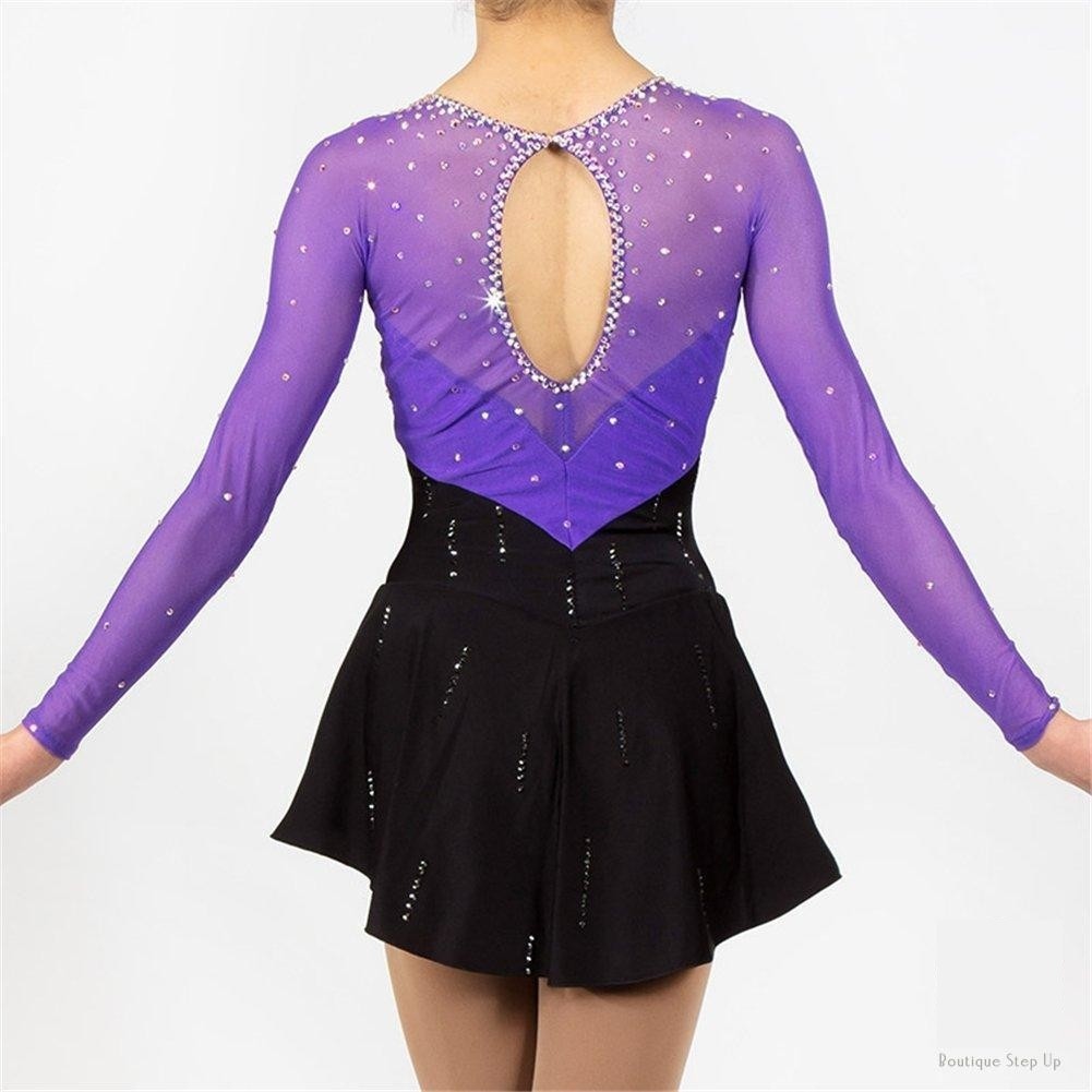 Competition Figure Skating Dress Black Purple & Crystals Long Sleeves Boutique Step Up Competition Figure Skating Dress Black Purple & Crystals Long Sleeves Boutique Step Up