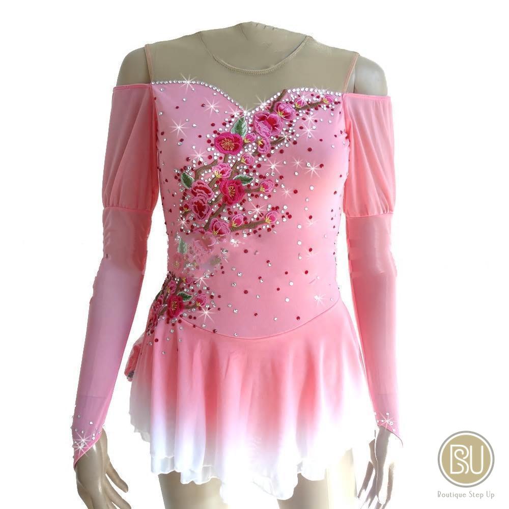 strapless open back dress Figure Skating Dress Off Shoulder Pink White Floral Appliques – Boutique  Step Up